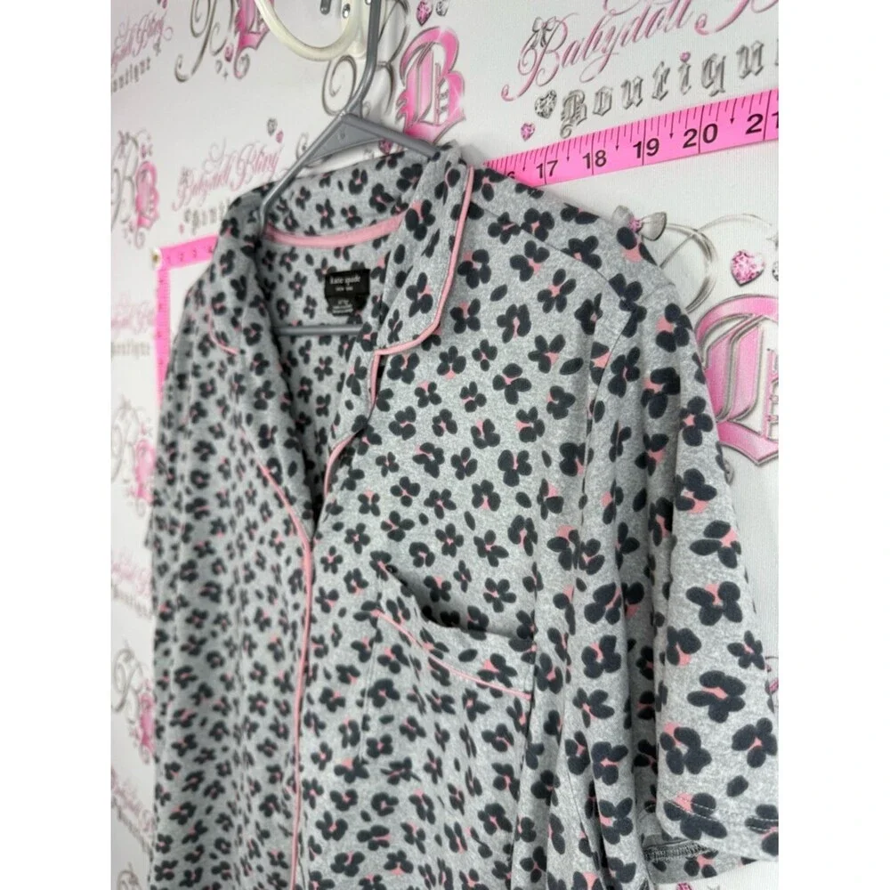 kate spade tee Gray Short Sleeve Button-Up Top with Black and Pink Floral Print